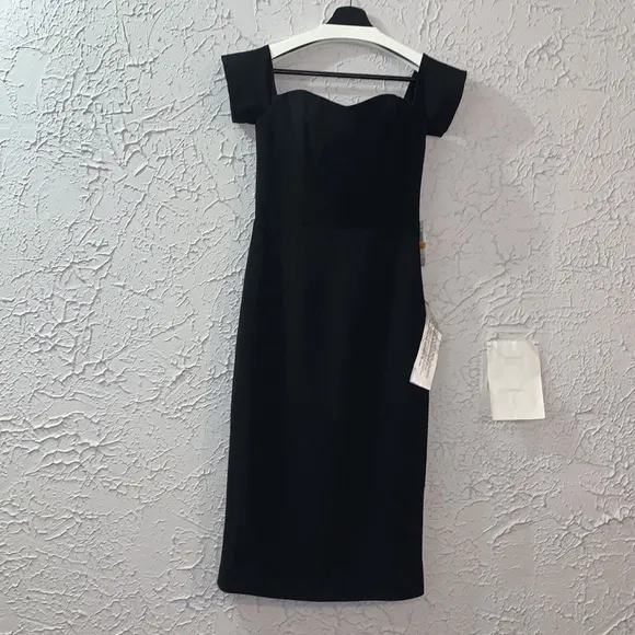 Dress the Population NWT Midi Dress Black Small Off Shoulder Slim Fit Sweetheart