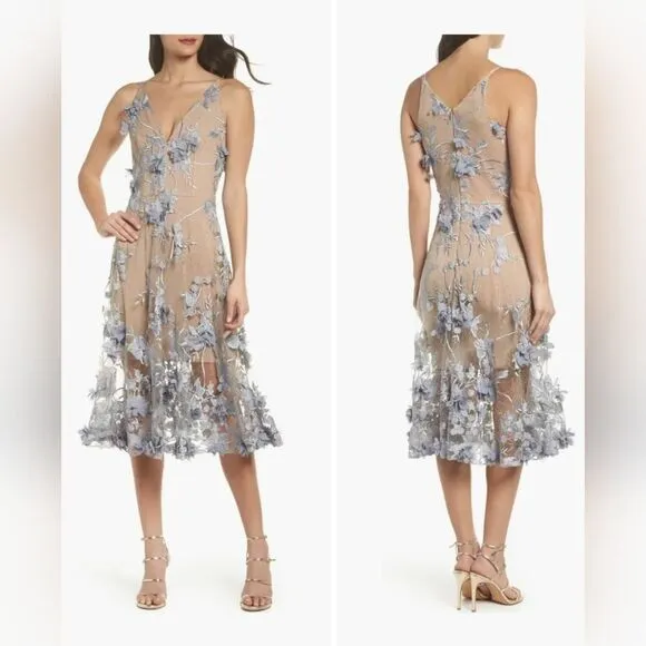 Dress The Population Audrey Embroidered Fit &amp; Flare Dress NWT mineral blue XXL