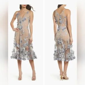 Dress The Population Audrey Embroidered Fit &amp; Flare Dress NWT mineral blue XXL