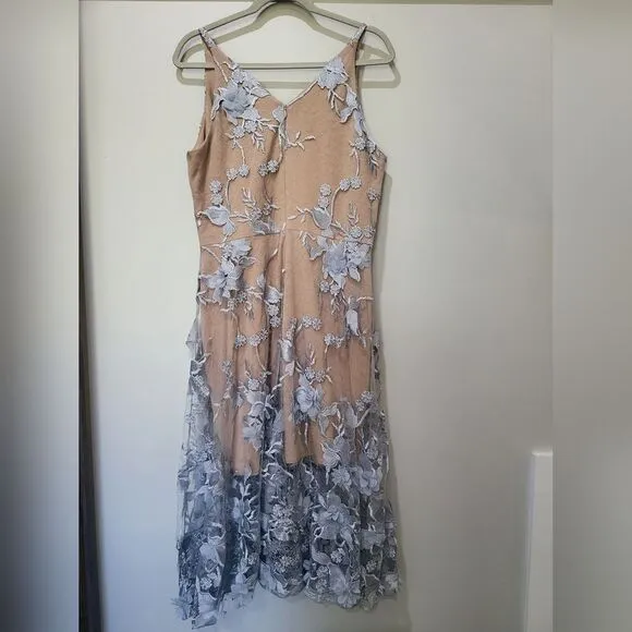 Dress The Population Audrey Embroidered Fit &amp; Flare Dress NWT mineral blue XXL