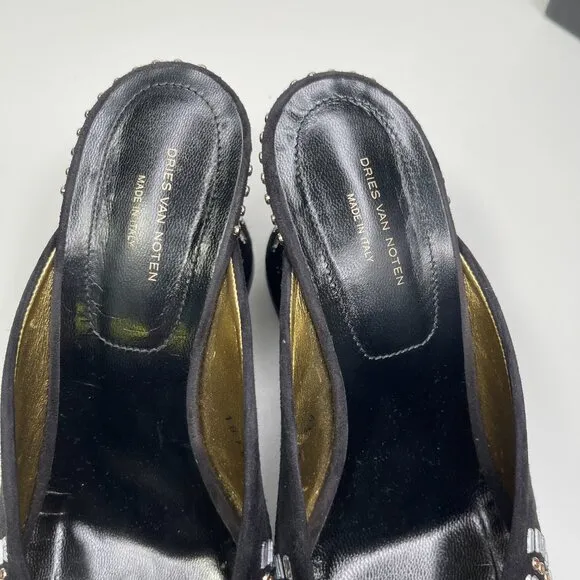 Dries Van Noten Women's Black/Gold Suede Embellished Stiletto Heel Mules Size 39