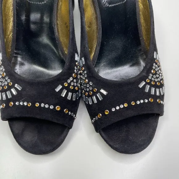 Dries Van Noten Women's Black/Gold Suede Embellished Stiletto Heel Mules Size 39