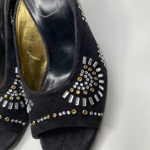 Dries Van Noten Women's Black/Gold Suede Embellished Stiletto Heel Mules Size 39