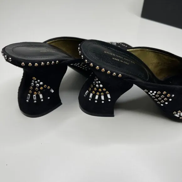 Dries Van Noten Women's Black/Gold Suede Embellished Stiletto Heel Mules Size 39