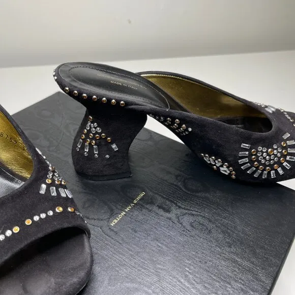 Dries Van Noten Women's Black/Gold Suede Embellished Stiletto Heel Mules Size 39