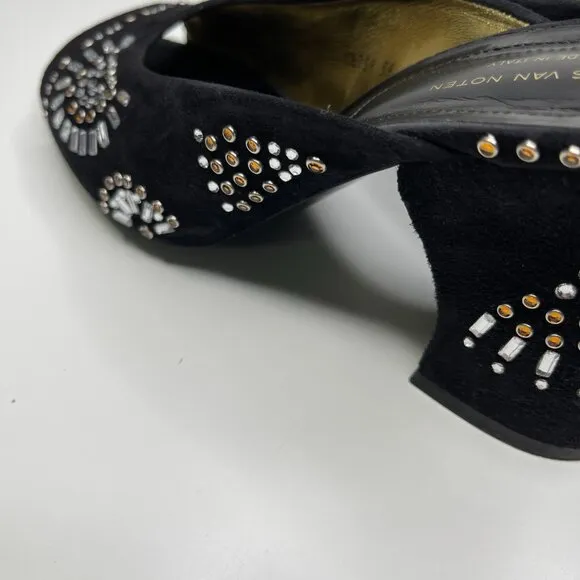 Dries Van Noten Women's Black/Gold Suede Embellished Stiletto Heel Mules Size 39