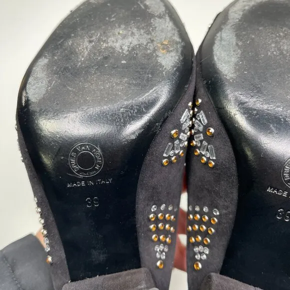 Dries Van Noten Women's Black/Gold Suede Embellished Stiletto Heel Mules Size 39