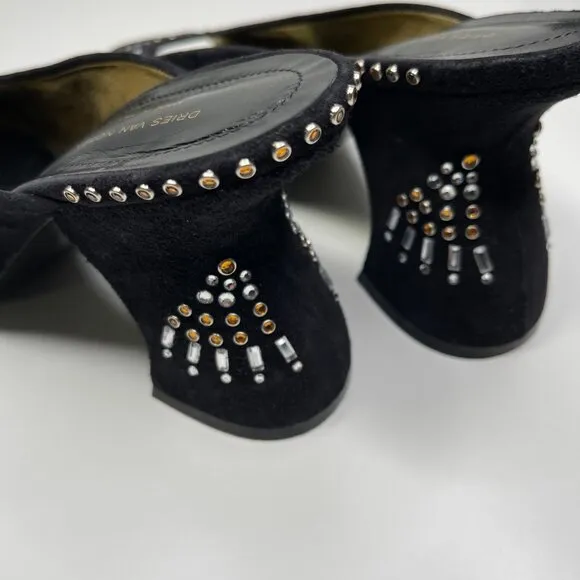 Dries Van Noten Women's Black/Gold Suede Embellished Stiletto Heel Mules Size 39