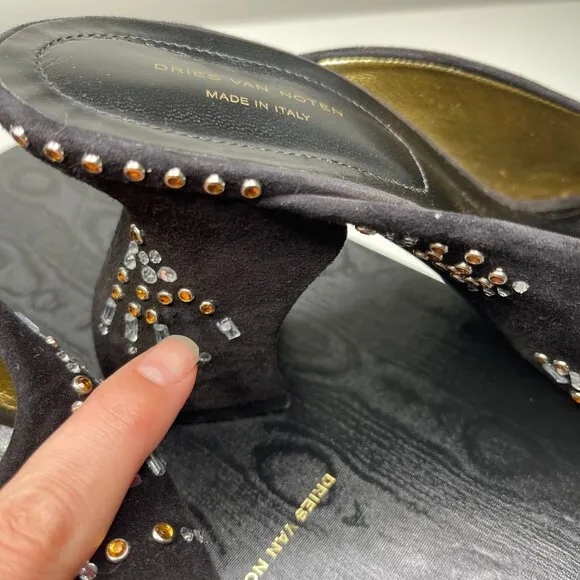 Dries Van Noten Women's Black/Gold Suede Embellished Stiletto Heel Mules Size 39