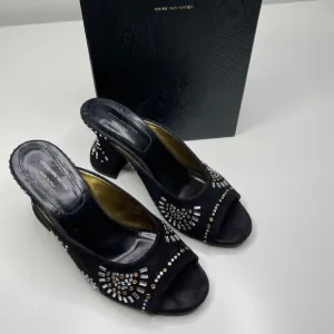 Dries Van Noten Women's Black/Gold Suede Embellished Stiletto Heel Mules Size 39