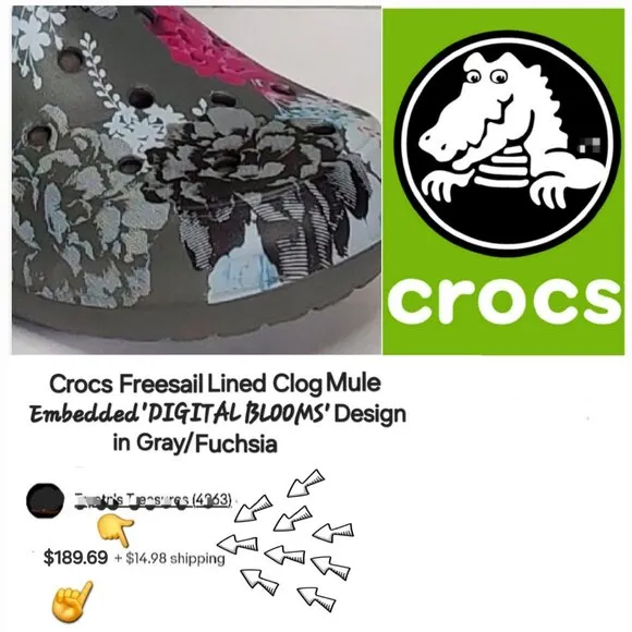 'DUAL CROCS' 'FREESAIL' 'DIGITAL BLOOMS' CLOG IVORY LINING GRAPHIC MULE SHOES