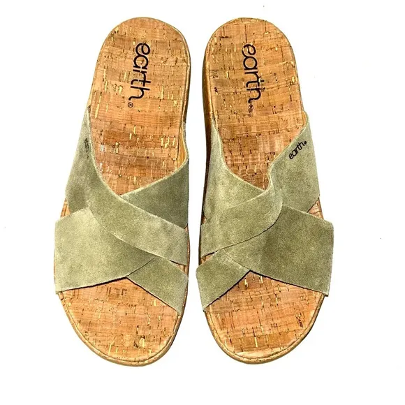 Earth Shoes Women 9.5 Scout Cross Strap Green Suede Cork Slip On Sandal Platform