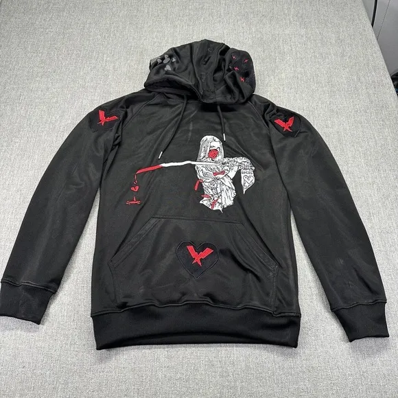 Ebere‎ Hoodie Mens M Black Samurai Girl Embroidery Heart Back Big Eyes Pullover