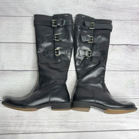 ECCO GORE-TEX Black Leather Riding Boots Waterproof Buckle Detail Winter Fashion