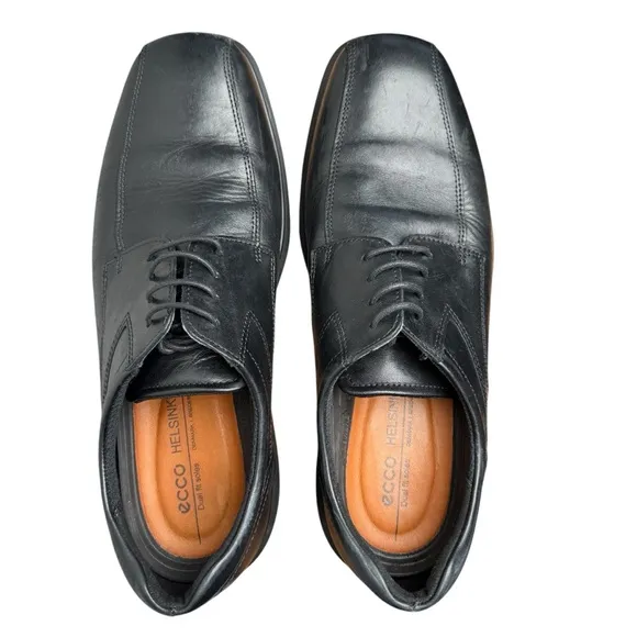 Ecco Helsinki 2 Men's Black Leather Bike-Toe Derby Shoes Dual Fit Soles Sz 9-9.5