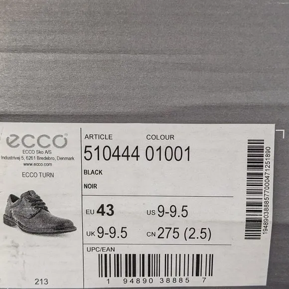 ECCO Turn Plain Toe Derby Shoes, Black Leather, Men's 43 EU (US 9-9.5)