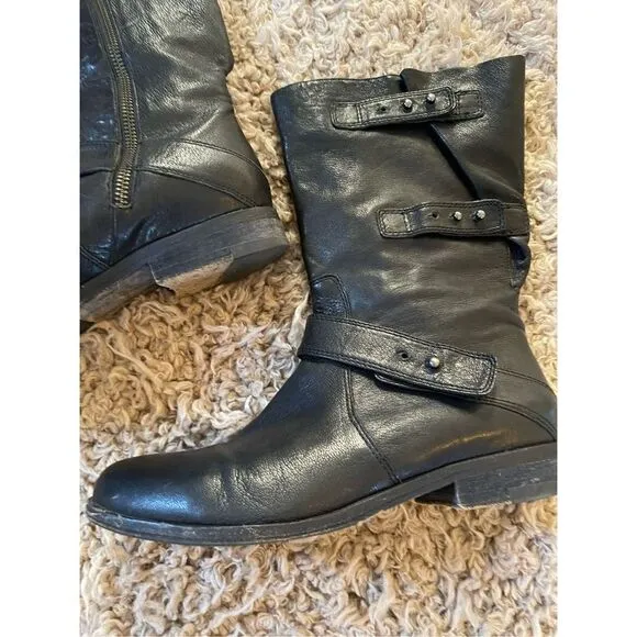Eileen fisher black leather moto mid calf boots size 6.5