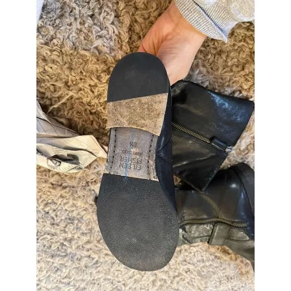 Eileen fisher black leather moto mid calf boots size 6.5