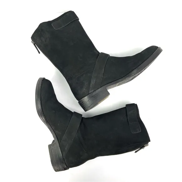 EILEEN FISHER Black Nubuck Suede Leather Moto Two Buckle Mid Shaft Boot 7 Fall