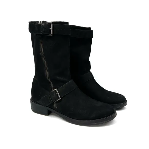 EILEEN FISHER Black Nubuck Suede Leather Moto Two Buckle Mid Shaft Boot 7 Fall