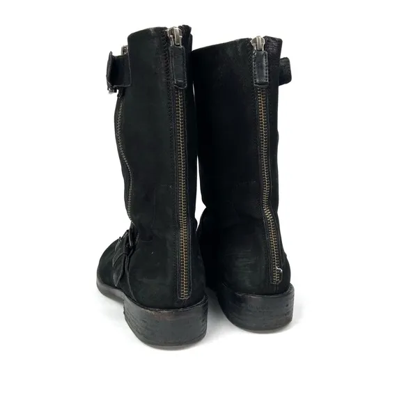 EILEEN FISHER Black Nubuck Suede Leather Moto Two Buckle Mid Shaft Boot 7 Fall