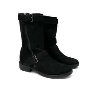 EILEEN FISHER Black Nubuck Suede Leather Moto Two Buckle Mid Shaft Boot 7 Fall