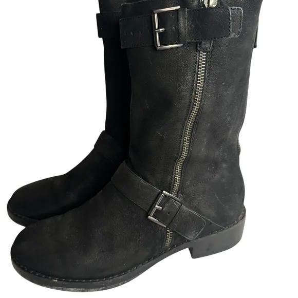 Eileen Fisher Log Harness Moto Biker Leather Mid-Calf Boots Size 8