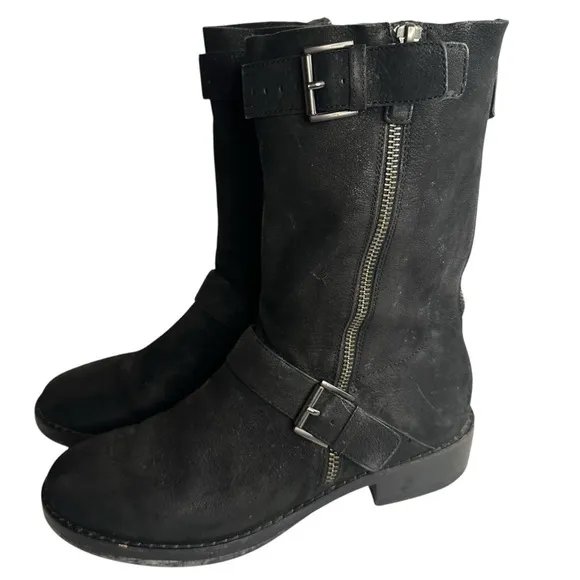 Eileen Fisher Log Harness Moto Biker Leather Mid-Calf Boots Size 8