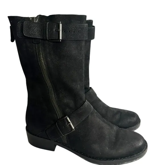 Eileen Fisher Log Harness Moto Biker Leather Mid-Calf Boots Size 8