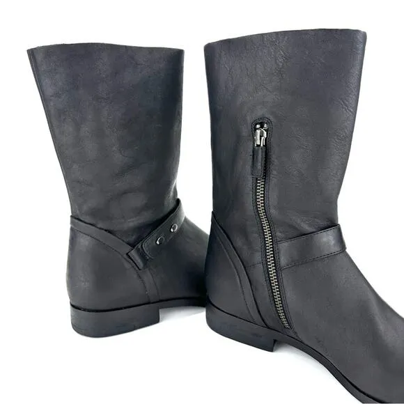 EILEEN FISHER NOVA BLACK SOFT LEATHER LOW BLOCK HEEL BIKER MOTO MID-CALF BOOTS