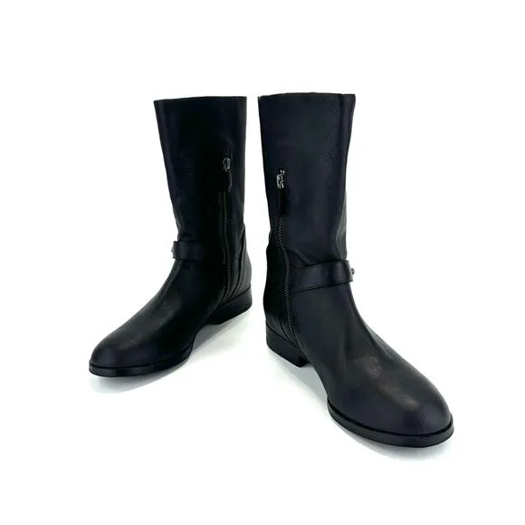 EILEEN FISHER NOVA BLACK SOFT LEATHER LOW BLOCK HEEL BIKER MOTO MID-CALF BOOTS