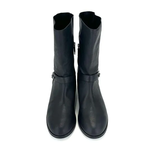 EILEEN FISHER NOVA BLACK SOFT LEATHER LOW BLOCK HEEL BIKER MOTO MID-CALF BOOTS