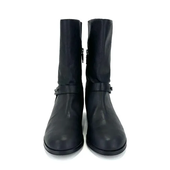 EILEEN FISHER NOVA BLACK SOFT LEATHER LOW BLOCK HEEL BIKER MOTO MID-CALF BOOTS