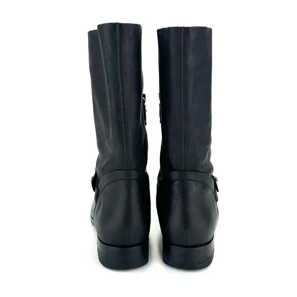 EILEEN FISHER NOVA BLACK SOFT LEATHER LOW BLOCK HEEL BIKER MOTO MID-CALF BOOTS