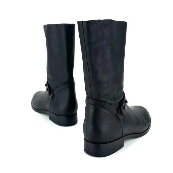 EILEEN FISHER NOVA BLACK SOFT LEATHER LOW BLOCK HEEL BIKER MOTO MID-CALF BOOTS