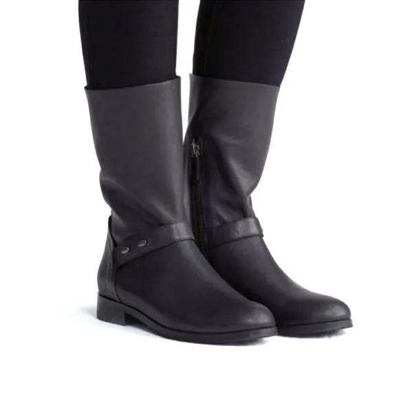 EILEEN FISHER NOVA BLACK SOFT LEATHER LOW BLOCK HEEL BIKER MOTO MID-CALF BOOTS