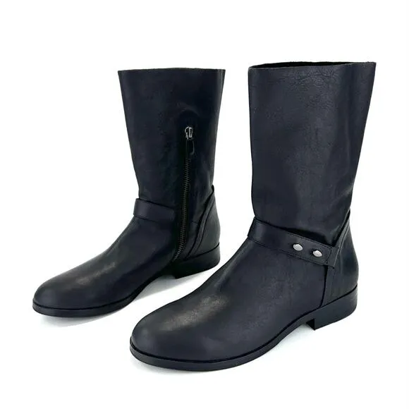 EILEEN FISHER NOVA BLACK SOFT LEATHER LOW BLOCK HEEL BIKER MOTO MID-CALF BOOTS