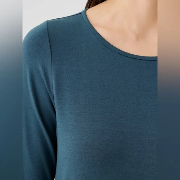 Eileen Fisher Stretch Jersey Knit Jewel Tone Neck Dress Blue Green Size Small