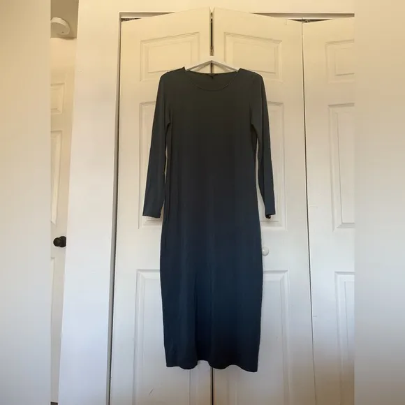 Eileen Fisher Stretch Jersey Knit Jewel Tone Neck Dress Blue Green Size Small