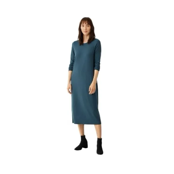 Eileen Fisher Stretch Jersey Knit Jewel Tone Neck Dress Blue Green Size Small