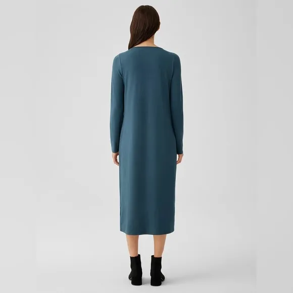 Eileen Fisher Stretch Jersey Knit Jewel Tone Neck Dress Blue Green Size Small