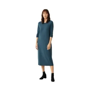 Eileen Fisher Stretch Jersey Knit Jewel Tone Neck Dress Blue Green Size Small