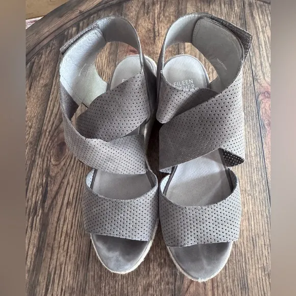Eileen Fisher Willow Espadrille Wedge SZ 8.5 Tumbled Leather Graf Pewter Grey
