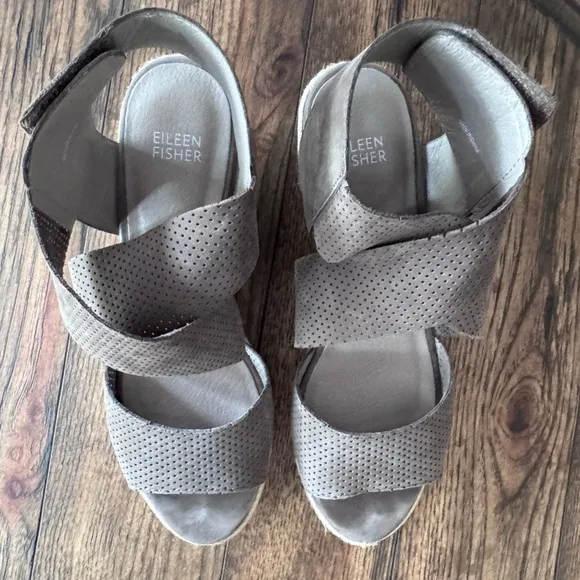 Eileen Fisher Willow Espadrille Wedge SZ 8.5 Tumbled Leather Graf Pewter Grey