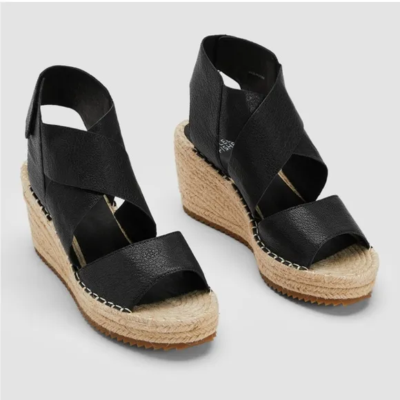 Eileen Fisher Willow Espadrille Wedge SZ 8.5 Tumbled Leather Graf Pewter Grey