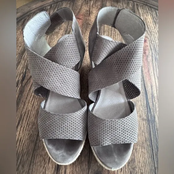 Eileen Fisher Willow Espadrille Wedge SZ 8.5 Tumbled Leather Graf Pewter Grey