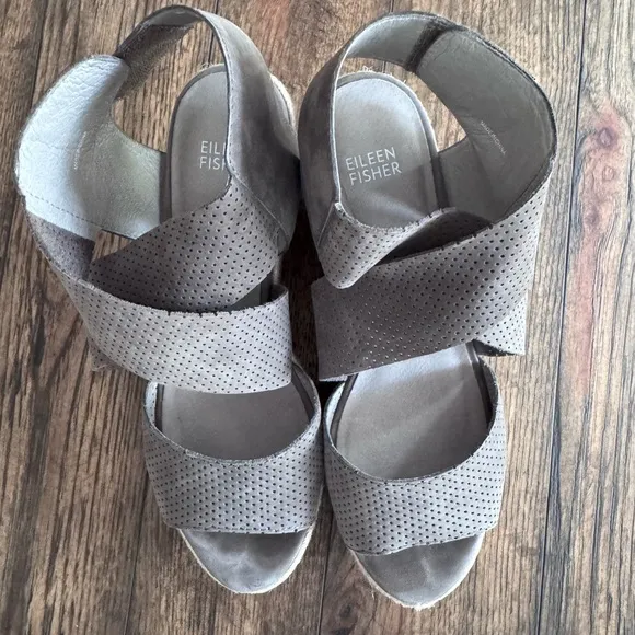 Eileen Fisher Willow Espadrille Wedge SZ 8.5 Tumbled Leather Graf Pewter Grey