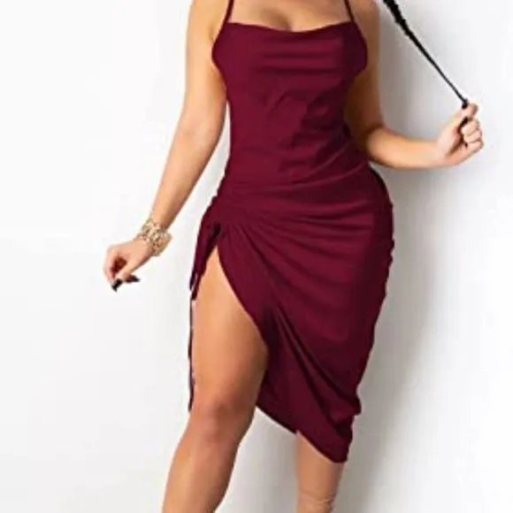 Ekaliy Women's Sleeveless Spaghetti Strap Ruched Satin Dress