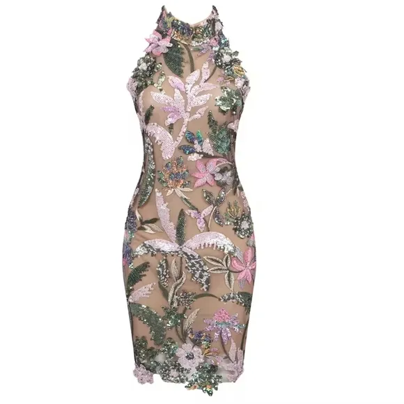 Elegant Lace Embroidery Spliced Sleeveless Slim Fit Mini Dress