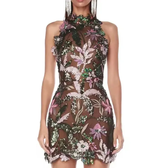 Elegant Lace Embroidery Spliced Sleeveless Slim Fit Mini Dress